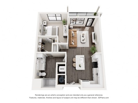 Floor plan for 1 bed, 1 bath, 728 sqft